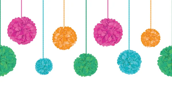 Wektor wibrujący urodziny kolorowy papier Party Pom Poms ustawiona na ciągi poziome bezszwowe granica powtórzyć wzór. Świetne dla ręcznie robione kartki, zaproszenia, Tapeta, opakowania, przedszkola projektuje. — Wektor stockowy