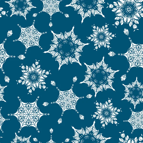 Vector vacances bleu marine main dessiné noël masse flocons de neige répéter fond de motif sans couture. Peut être utilisé pour le tissu, papier peint, papeterie, emballage . — Image vectorielle