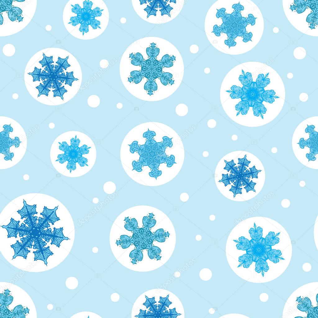 Vector holiday light blue bubbles with christmass snowflakes repeat seamless pattern background. Can be used for fabric, wallpaper, stationery, packaging.