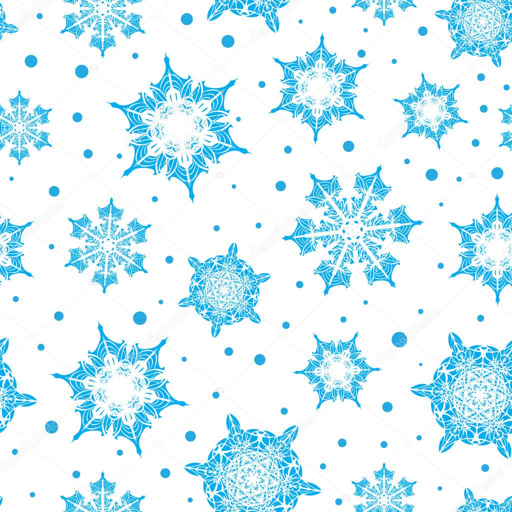 Vector holiday light blue hand drawn christmass snowflakes repeat seamless pattern background. Can be used for fabric, wallpaper, stationery, packaging.