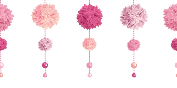 Vector Dangling Pink Birthday Paper Pom Poms and Beads Set Horizontal Seamless Repeat Border Pattern. Отлично подходит для открыток ручной работы, приглашений, обоев, упаковки, дизайна детских садов . — стоковый вектор