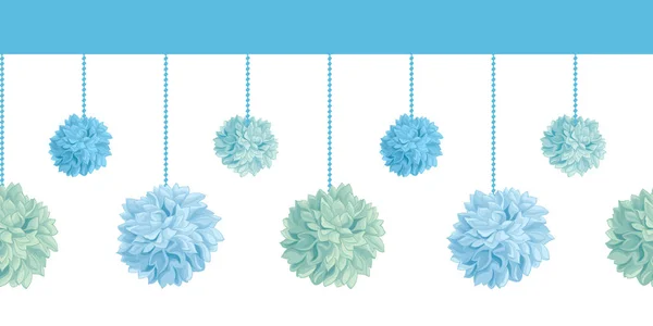 Ensemble vectoriel de pendaison Blue Bay Boy Anniversaire Fête Papier Pom Poms Set Horizontal sans couture répéter le motif de la frontière. Idéal pour les cartes faites main, les invitations, le papier peint, l'emballage, les dessins de pépinière . — Image vectorielle