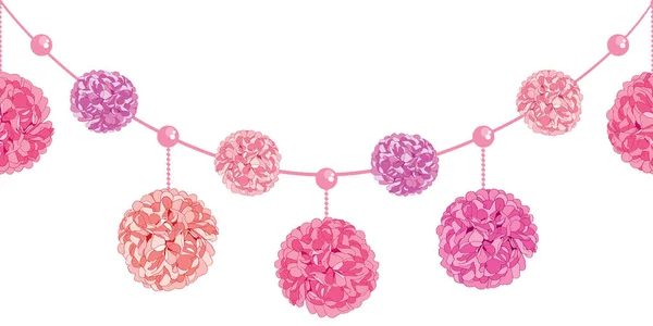 Vektor Set av dinglande rosa Birthday Party papper Pom Poms och pärlor horisontella sömlös upprepa kantmöster. Perfekt för handgjorda kort, inbjudningar, tapeter, förpackningar, plantskola mönster. — Stock vektor