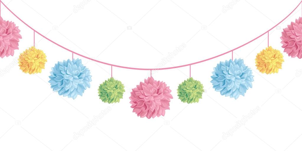 Vector Set of Hanging Pastel Colorful Birthday Party Paper Pom Poms Set Horizontal Seamless Repeat Border Pattern. Great for handmade cards, invitations, wallpaper, packaging, nursery designs.