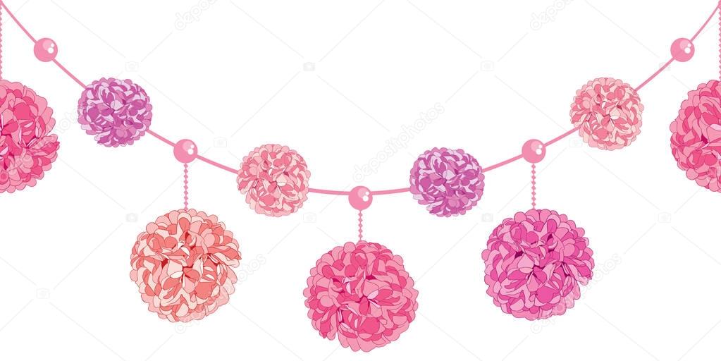 Vector Set of Dangling Pink Birthday Party Paper Pom Poms and Beads Set Horizontal Seamless Repeat Border Pattern. Great for handmade cards, invitations, wallpaper, packaging, nursery designs.