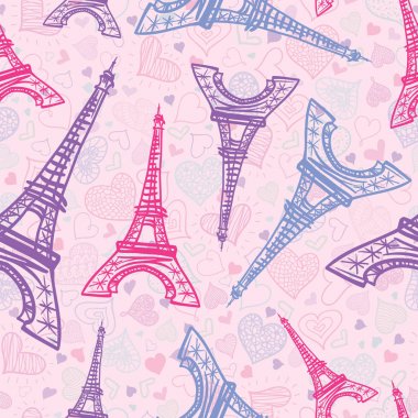 Vektör çizim pembe Eifel Kulesi Paris Dikişsiz desen St Sevgililer günü kalpleri sevgi tarafından çevrili yineleyin. Mükemmel seyahat temalı kartpostallar, tebrik kartları, düğün davetiyeleri.