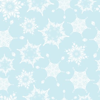 Vektör tatil ışık mavi elle çizilmiş Sunni Noel kar taneleri Dikişsiz desen arka plan tekrarlayın. Kumaş, duvar kağıdı, kırtasiye, ambalaj için kullanılabilir.