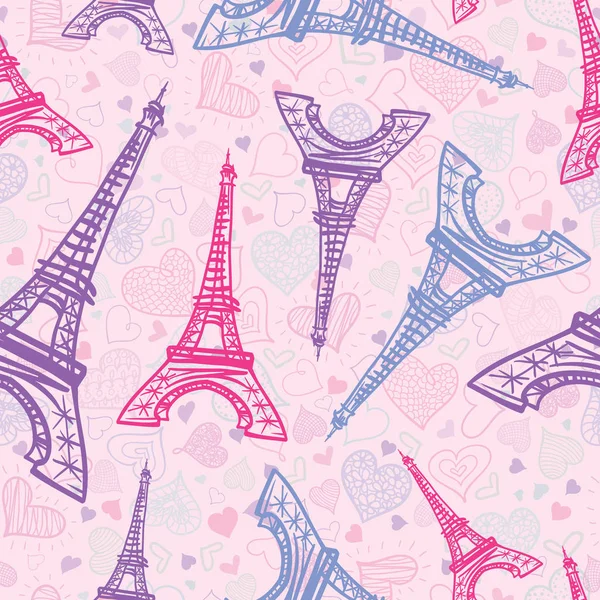 Desenho de vetor Torre Eifel rosa Paris Padrão de repetição sem costura Rodeado por São Valentim Corações do amor. Perfeito para cartões postais temáticos de viagem, cartões de saudação, convites de casamento . —  Vetores de Stock