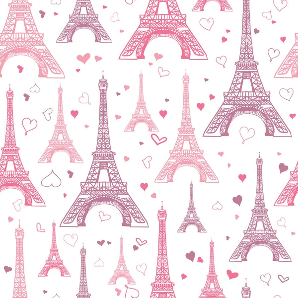 Vektor pasztell rózsaszín Eifel torony Párizs zökkenőmentes ismételje meg a mintát Szent Valentin nap szív a szeretet veszi körül. Tökéletes utazási témájú képeslapok, üdvözlőlapok, esküvői meghívók. — Stock Vector