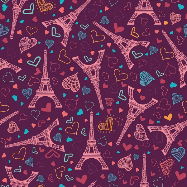 Vector Pink Eifel Tower Paris Inconsútil Patrón de repetición Rodeado por San Valentín Corazones de amor. Perfecto para postales temáticas de viaje, tarjetas de felicitación, invitaciones de boda . — Vector de stock