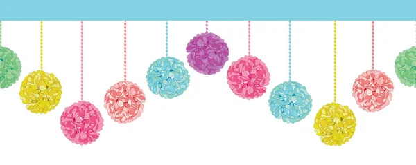 Vector kul uppsättning hängande pasteller färgglada Birthday Party papper Pom Poms ange horisontella sömlös upprepa kantmöster. Perfekt för handgjorda kort, inbjudningar, tapeter, förpackningar, plantskola mönster. — Stock vektor