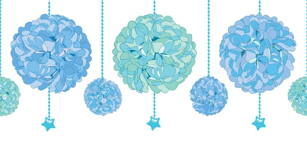 Conjunto de vetores de pendurado Blue Bay Boy Aniversário Party Paper Pom Poms e grânulos Set Horizontal sem costura repetir padrão de fronteira. Ótimo para cartões artesanais, convites, papel de parede, embalagens, projetos de berçário . — Vetor de Stock