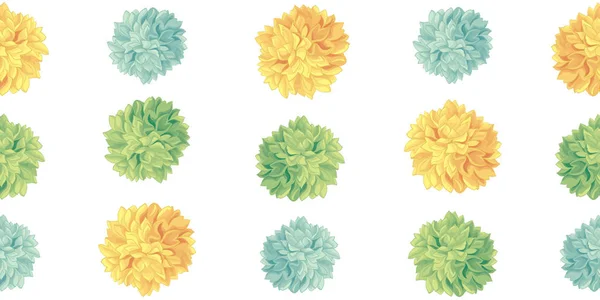 Papel de festa de aniversário verde amarelo bonito vetor Pom Poms Set Horizontal sem costura repetir padrão de fronteira. Ótimo para cartões artesanais, convites, papel de parede, embalagens, projetos de berçário . — Vetor de Stock