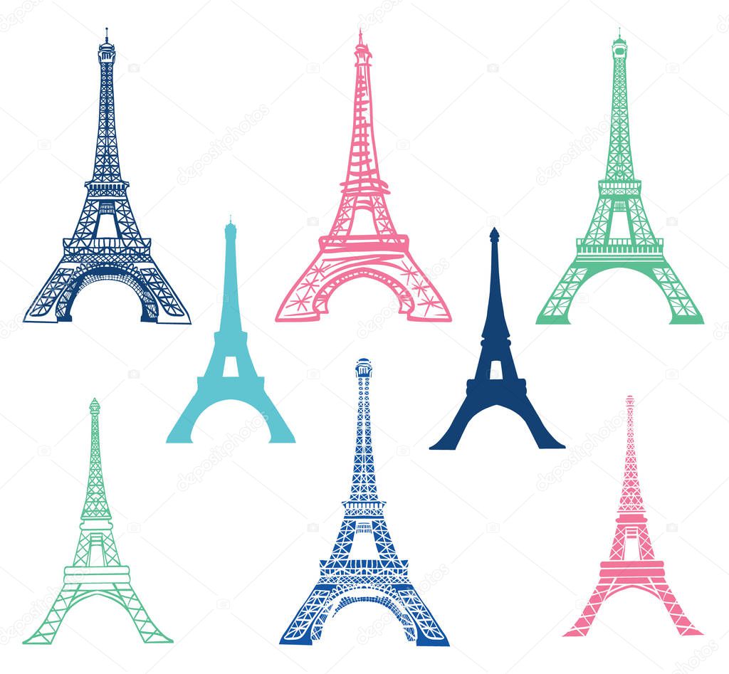 Vector set of different Eiffel Tower landmarks icons of Paris, France with Silhouettes. Landmark and structure infographic elemements. Travel symbols.