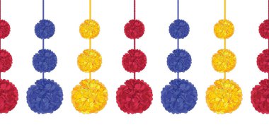 Acolorful doğum günü partisi kağıt Pom Poms ayarla Tarih dizeleri yatay Dikişsiz tekrar sınır desen vektör. Büyük el yapımı kartları, Davetiyeler, duvar kağıdı, ambalaj, çocuk odası tasarımları için.