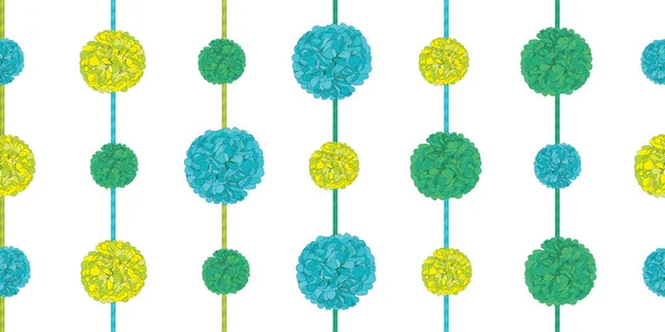 Vector que empareja Green Birthday Party Paper Pom Poms Set On Strings Horizontal Seamless Repeat Border Pattern. Ideal para tarjetas hechas a mano, invitaciones, papel pintado, embalaje, diseños de vivero . — Archivo Imágenes Vectoriales