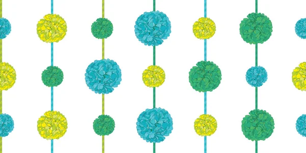 Vecteur correspondant vert anniversaire fête papier Pom Poms mis sur cordes Horizontal sans couture répéter le motif de la frontière. Idéal pour les cartes faites main, les invitations, le papier peint, l'emballage, les dessins de pépinière . — Image vectorielle