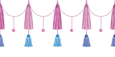 Vektör eğlenceli pembe dekoratif uzun püsküllü yatay sorunsuz tekrar kenarlık kalıbı tanımlar. Büyük el yapımı kartları, Davetiyeler, duvar kağıdı, ambalaj, çocuk odası tasarımları için.