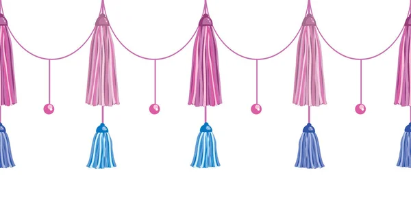 Vector Fun Pink Decorative Long Tassels Set Horizontal Seamless Repeat Border Pattern (dalam bahasa Inggris). Besar untuk kartu buatan tangan, undangan, wallpaper, kemasan, desain pembibitan . - Stok Vektor