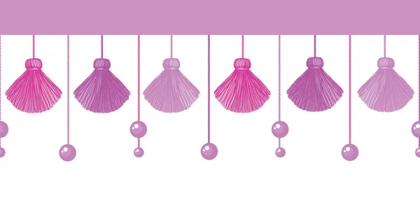 Vector Fun Pink Decorative Tassels Set Horizontal Seamless Repeat Border Pattern. Great for handmade cards, invitations, wallpaper, packaging, nursery designs. — Stock Vector