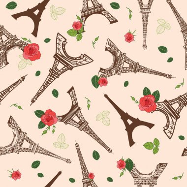 Vector Vintage Brown Eifel Tower Paris and Roses Flowers Seamless Repeat Pattern Surrounded By St Valentines Day Red Roses. Perfect for travel themed postcards, greeting cards, wedding invitations. clipart