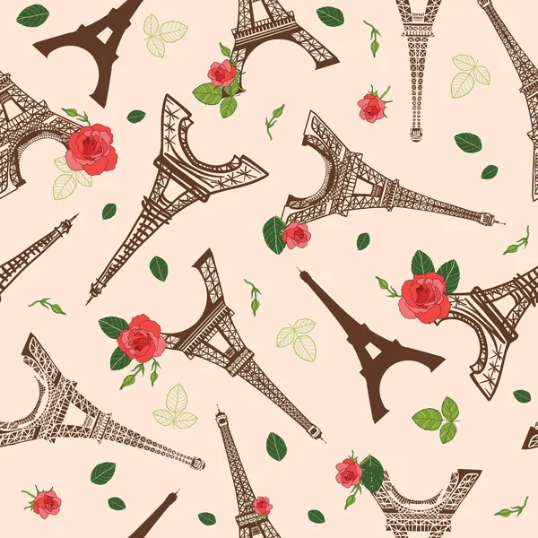 Vector Vintage Brown Eifel Tower Paris and Roses Flowers Seamless Repeat Pattern Surrounded By St Valentines Day Red Roses. Perfect for travel themed postcards, greeting cards, wedding invitations. — Stock Vector