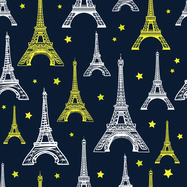 Vector czarne, biały i żółty Eiffel Tower-Seamless Pattern. Tło wektor francuski. Projektowania tkanin w kolorach pastelowych — Wektor stockowy