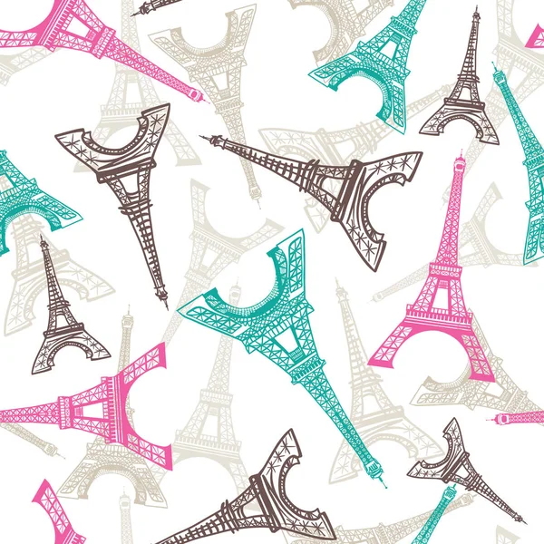 Tour Eiffel motif sans couture. Fond vectoriel français. Texture tissu vintage aux couleurs pastel — Image vectorielle