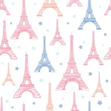 Vektör pembe mavi Eifel Kulesi Paris ve çiçekler sorunsuz yıldız tarafından çevrili modeli tekrarlamak. Mükemmel seyahat temalı kartpostallar, tebrik kartları, Davetiyeler, ambalaj için.