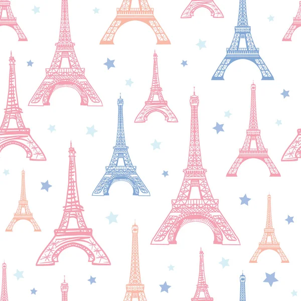 Vector Pink Blue Eifel Tower Paris et fleurs Modèle de répétition sans couture entouré d'étoiles. Parfait pour les cartes postales thématiques de voyage, cartes de vœux, invitations, emballages . — Image vectorielle