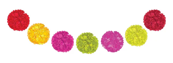 Set vectorial de lindos pompones de papel de fiesta de cumpleaños rojos, rosados y amarillos. Ideal para tarjetas hechas a mano, invitaciones, papel pintado, embalaje, diseños de vivero . — Vector de stock