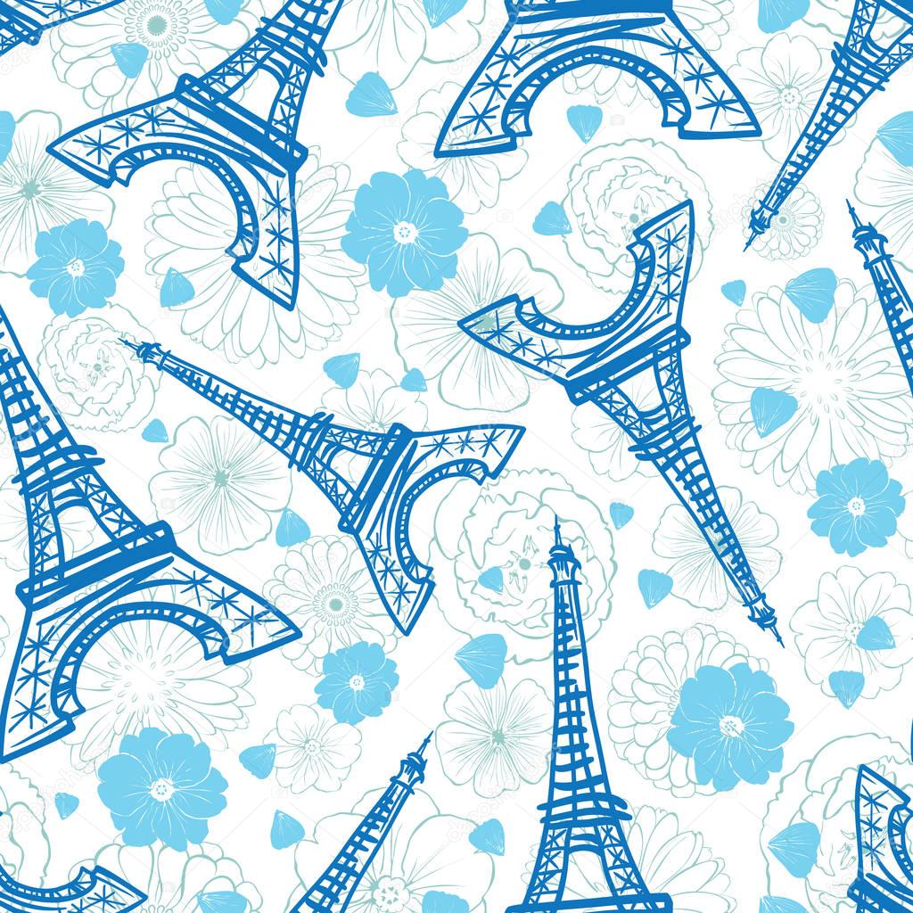 Vector Blue Eifel Tower Paris and Flowers Seamless Repeat Pattern Surrounded By St Valentines Day Romantic Love. Perfect for travel themed postcards, greeting cards, wedding invitations.