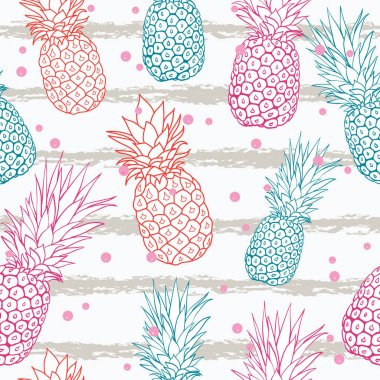 Grunge çizgili yaz renkli tropikal Dikişsiz desen arka plan üzerinde vektör ananas. Büyük bir tekstil baskı, yeni yıl eğlencesi daveti veya ambalaj olarak.