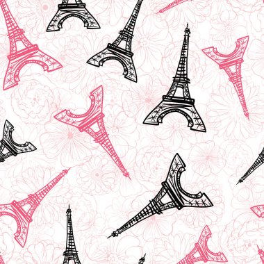 Vektör siyah pembe Eifel Kulesi Paris ve güller çiçek sorunsuz St Sevgililer günü kalpleri sevgi tarafından çevrili modeli tekrarlamak. Mükemmel seyahat temalı kartpostallar, tebrik kartları, düğün davetiyeleri.