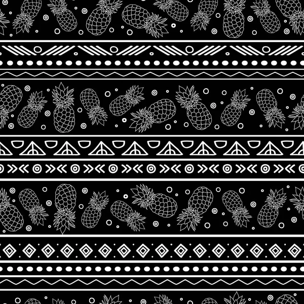 Vector blanco y negro tribal piñas rayas sin costuras patrón de fondo. Ideal para la tela, papel pintado, invitaciones, scrapbooking . — Archivo Imágenes Vectoriales