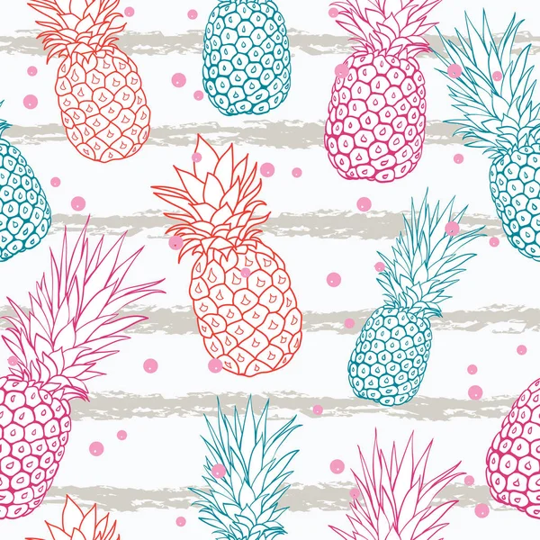 Vector de piña en rayas grunge verano colorido fondo patrón tropical sin costuras. Ideal como impresión textil, invitación de fiesta o empaquetado . — Vector de stock