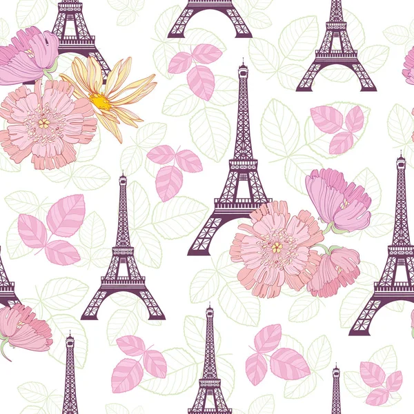 Vector Spring Purple Pink Eifel Tower Paris et Roses Fleurs Modèle de répétition sans couture entouré de coeurs d'amour Saint-Valentin. Parfait pour les cartes postales thématiques de voyage, cartes de vœux, mariage — Image vectorielle