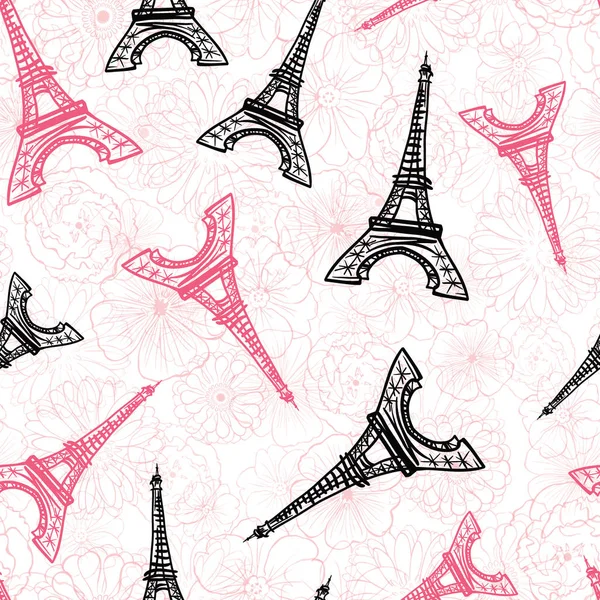 Vector Black Pink Eifel Tower Paris and Roses Flowers Seamless Repeat Pattern Surrounded By St Valentines Day Hearts Of Love. Perfect for travel themed postcards, greeting cards, wedding invitations. — Stock Vector