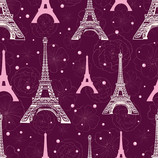 Purple Pink Eifel Tower Paris og Roses Flowers Seamless Repeat Pattern omgitt av St. Valentines Day Hearts of Love. Perfekt til reisepostkort, gratulasjonskort, bryllupsinvitasjoner . – stockvektor