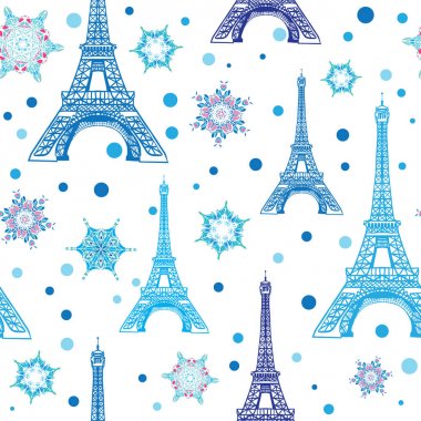 Vektör mavi beyaz Eifel Kulesi Paris ve kar taneleri sorunsuz modeli tekrarlamak. Mükemmel tatil seyahat temalı kartpostallar, tebrik kartları, Sunni Noel tebrik kartları için.