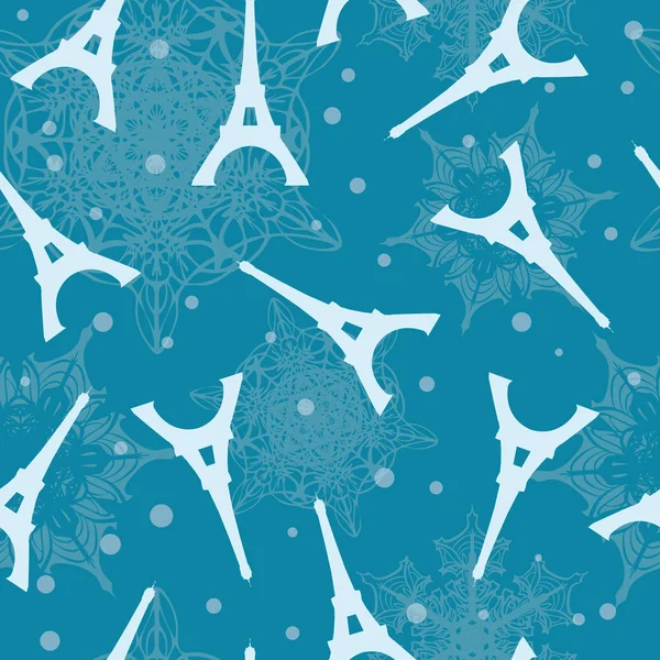 Vector Blue Torre Eifel París y copos de nieve sin costuras patrón de repetición. Perfecto para tarjetas postales temáticas de viajes de vacaciones, tarjetas de felicitación, tarjetas de felicitación de Navidad . — Vector de stock