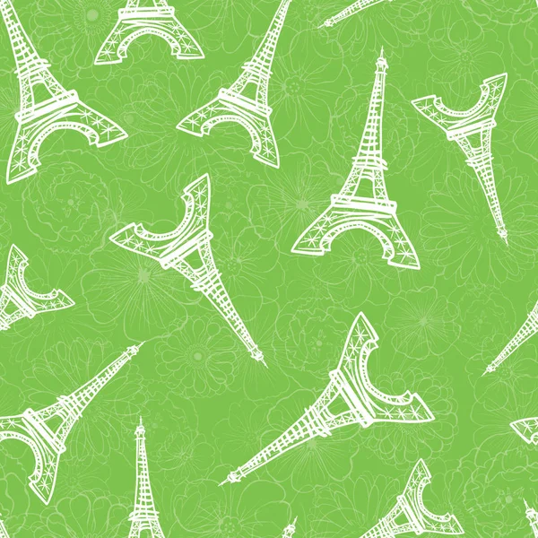 Vektor zöld Eifel torony Párizsban és Rózsa virágok zökkenőmentes ismételje meg a mintát. Tökéletes utazási témájú képeslapok, üdvözlőlapok, esküvői meghívók. — Stock Vector