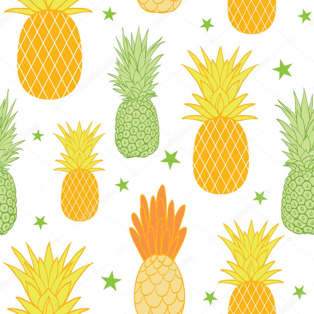 Pineapples and stars vector background seamless repeat pattern. Summer colorful tropical textile print.