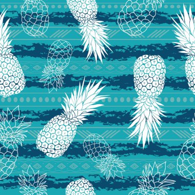 Vintage grunge ananas ve çizgili vektör arka plan sorunsuz yineleme deseni. Yaz renkli tropikal Tekstil baskı.