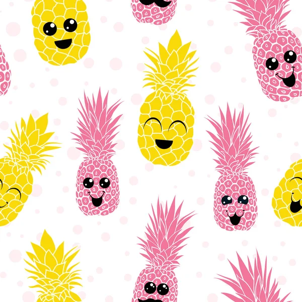 Vecteur heureux souriant ananas caractères fond de motif sans couture. Idéal pour les projets de design d'été, tissu, papier peint, emballage cadeau . — Image vectorielle