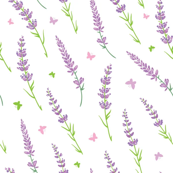 Vector lavender flowers purple green silhouettes seamless pattern. Beautiful violet lavender retro background. Elegant fabric on light background — Stock Vector