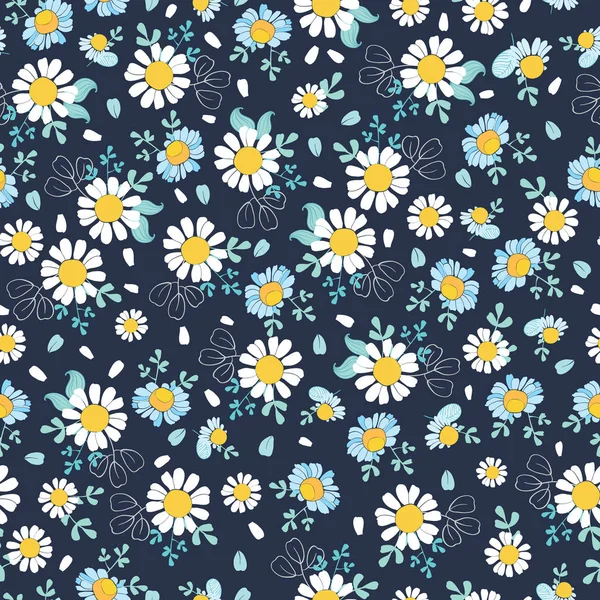 Black white daisies ditsy seamless pattern — Stock Vector