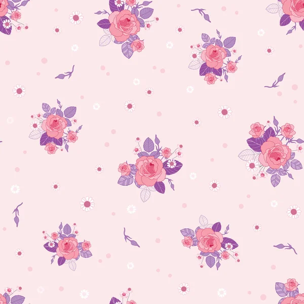 Pink purple roses ditsy vintage seamless pattern — Stock Vector