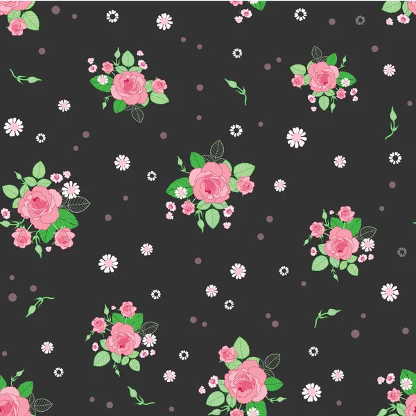 Pink brown roses ditsy vintage seamless pattern — Stock Vector