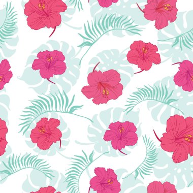 Tropikal hibiscus çiçek seamless modeli tekrarlamak.